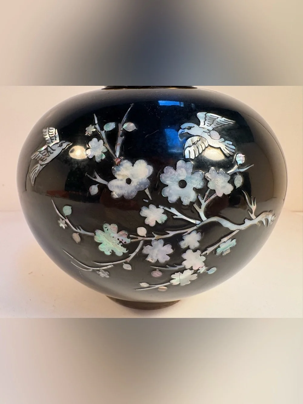 Black Enamel on Brass vase with Birds & Floral Abalone Shell inlay
